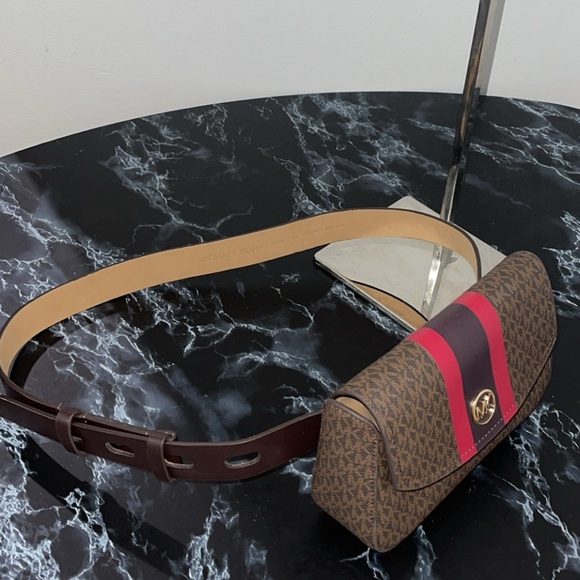 Michael Kors Brown Signature Leather Stripe Waist Fanny Belt Bag S/M - Picture 6 of 13